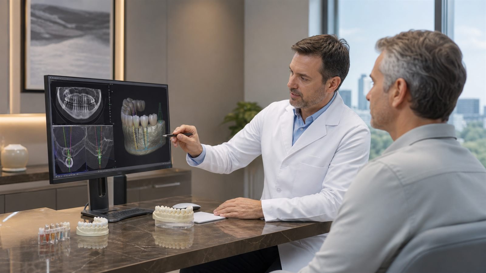 Dentista apresenta planejamento de implante dentário em consulta odontológica